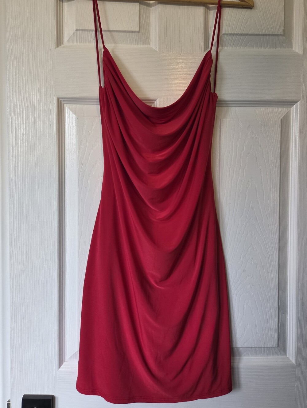 AllSaints Red Draped Cowl Slip Open Back Mini Dress